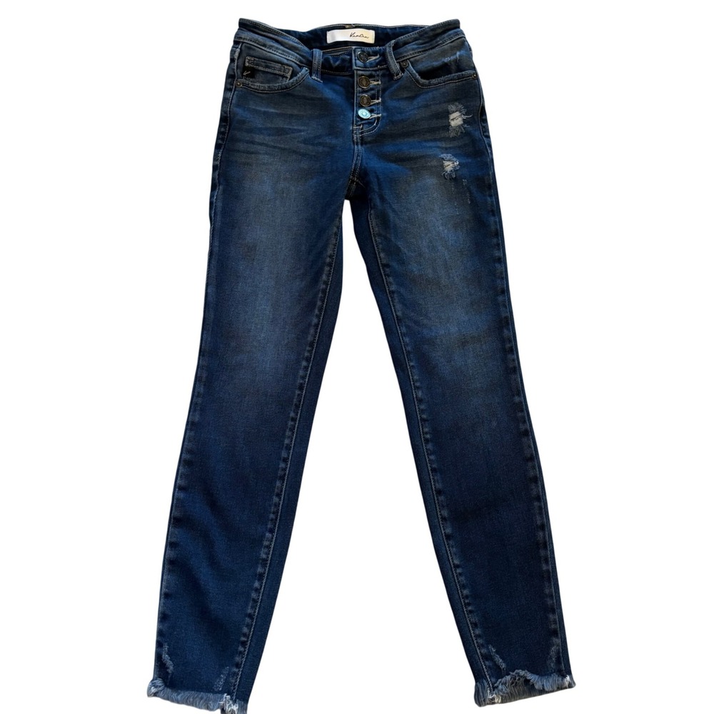 KanCan Dark Wash‎ Distressed Skinny Jeans High Rise Button Fly Frayed Hem (A10)